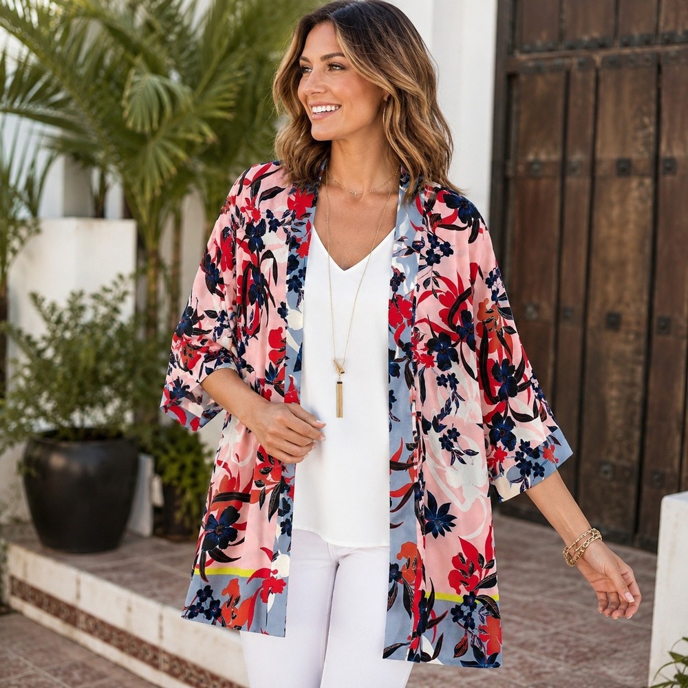 Cabi Kimono Floral Print Pink‎ Blue Red Open Front Topper XS/S